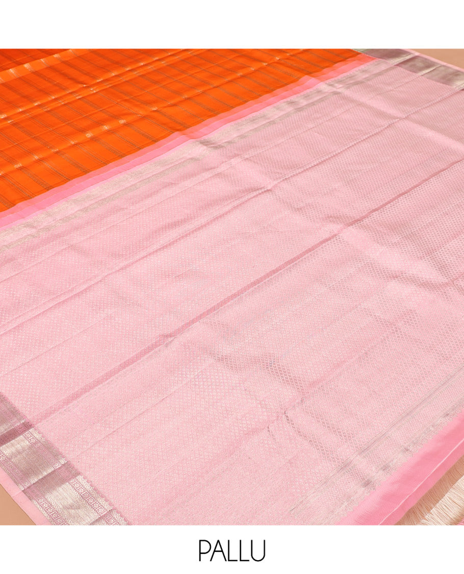Orange Kanchipuram Designer Silk Saree, Charmingly Accented with Geometric Designs, Complemented by Contrast Jacquard Border, Jaal Pallu, and a Contrast Blouse
