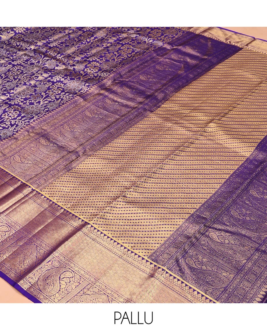Violet Kanchipuram Tissue Silk Saree, Gracefully Embellished with Floral Jacquard, a Zari Border of Thilakam Mokku, Jaal, and Manga Designs, Diagonal Striped Pallu, and Matching Blouse