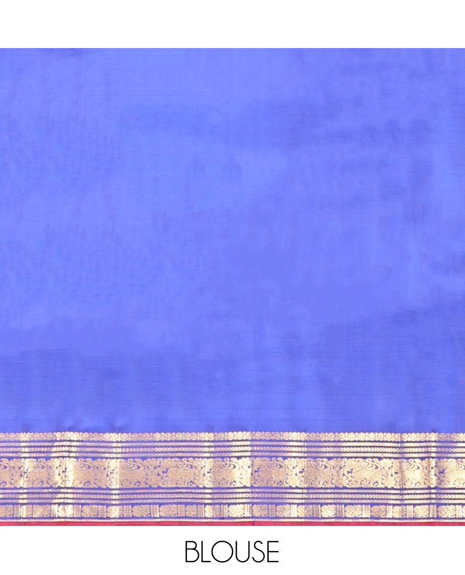 Blue Kanchipuram Silk Saree, Delicately Woven with Checks, Highlighted by a Zari Border of Muthu, Kathir, Mayil, and Yaali Designs, Zari Woven Pallu, and Matching Blouse