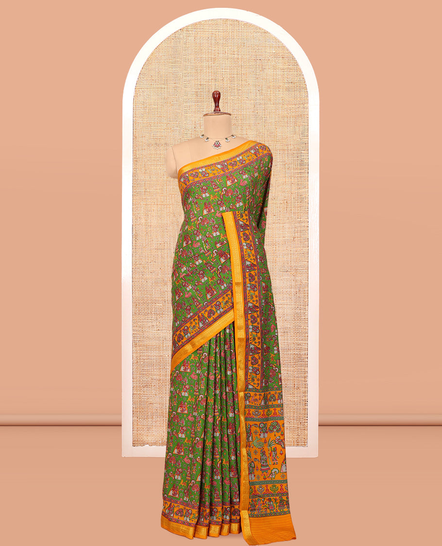 Green Printed Silk Saree, Adorned with a Village-Themed Print, a Contrast Traditional Zari Border, Striped Pallu, and a Contrast Blouse