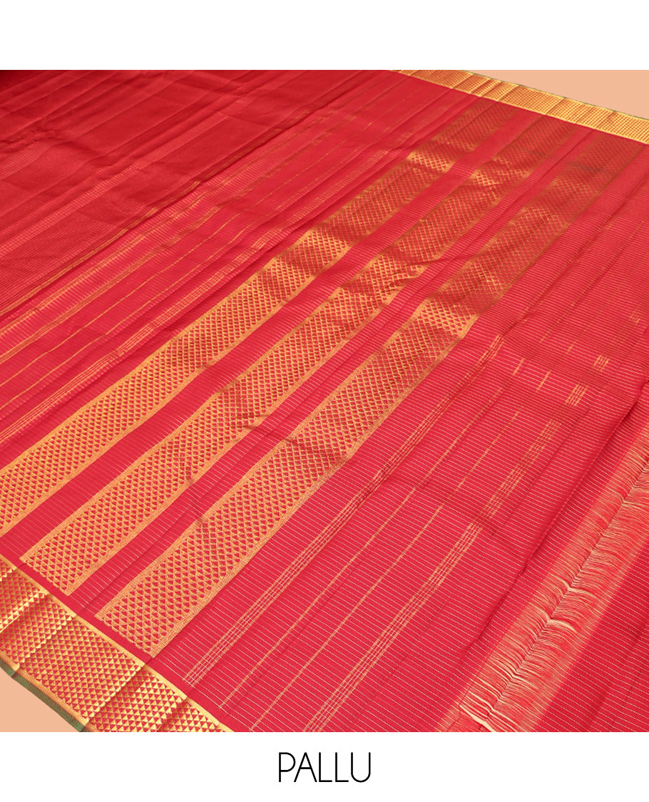 Red Checked Kanchipuram Silk Saree, Highlighted by a Zari Border of Ara Maadam Design, Pallu of Ara Maadam Design, and a Matching Blouse