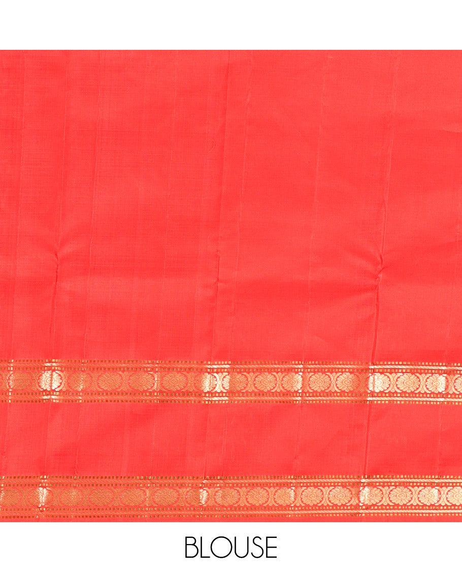 Red Kanchipuram Silk Saree, Woven with Chakram Buttas, a Rettai Pettu Border of Muthu, Banaras, and Cross Kamalam Designs, Mayil-Chakram Pallu, and a Matching Blouse