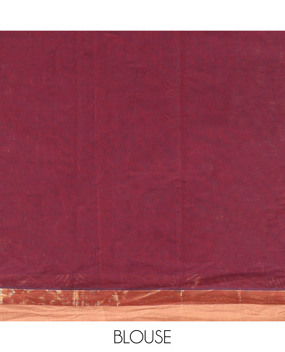 Maroon Kanchi Cotton Saree, Subtly Woven with Buttas, a Contrast Zari Border, Intricate Pallu, and a Matching Blouse
