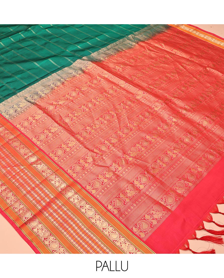 Green-Dark Pink Striped Vasundhara Lite Silk Mix Saree, Contrast Manga-Mayil Border, Contrast Blouse
