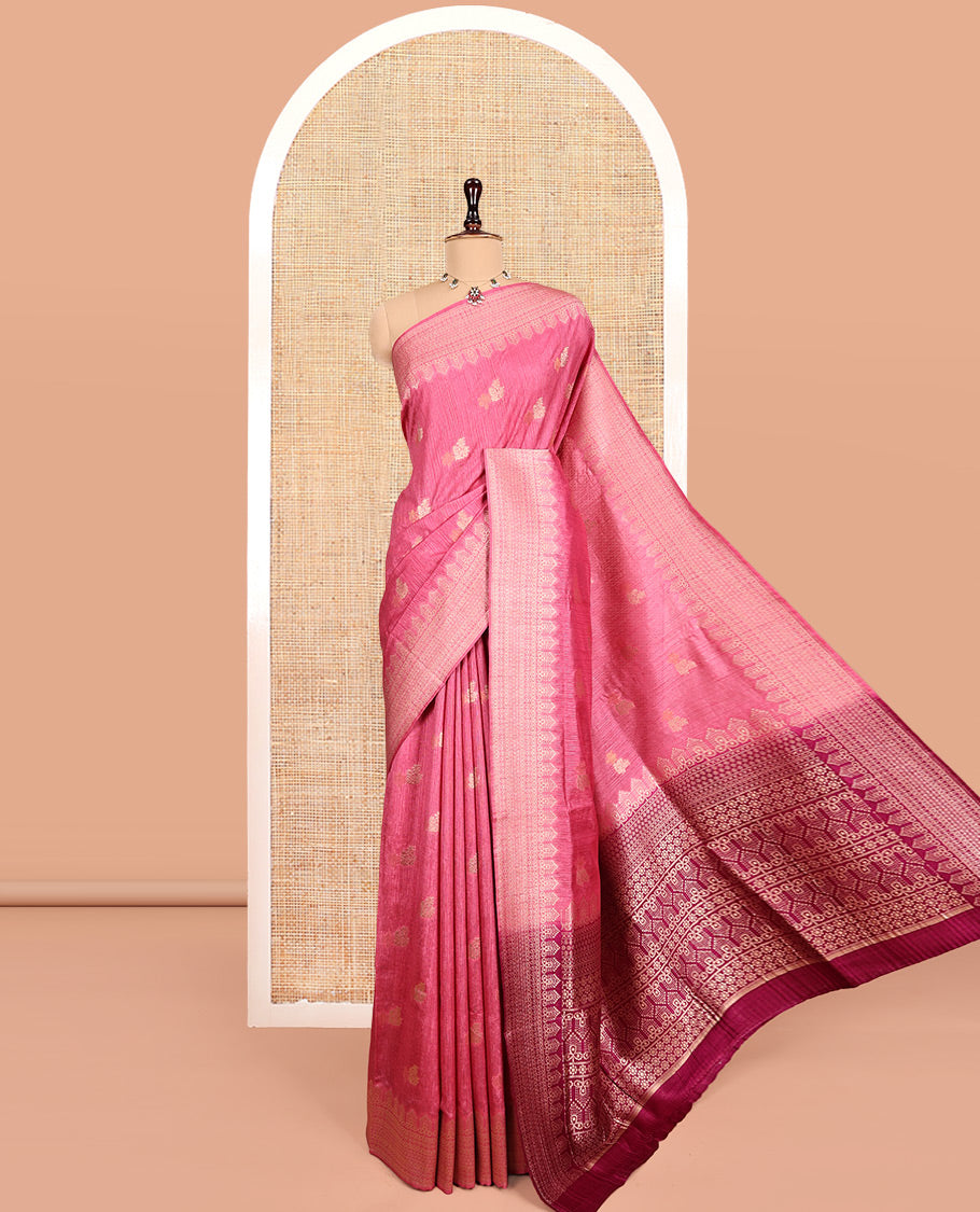 Pink Matka Silk Saree, Adorned with Buttas All Over Its Body, Highlighted by a Self-Border of Traditional Designs, Intricately Designed Pallu, and Paired with Contrast Blouse