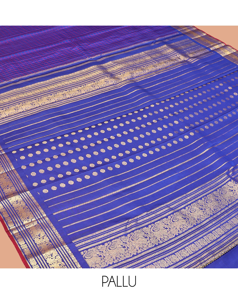Blue Kanchipuram Silk Saree, Delicately Woven with Checks, Highlighted by a Zari Border of Muthu, Kathir, Mayil, and Yaali Designs, Zari Woven Pallu, and Matching Blouse