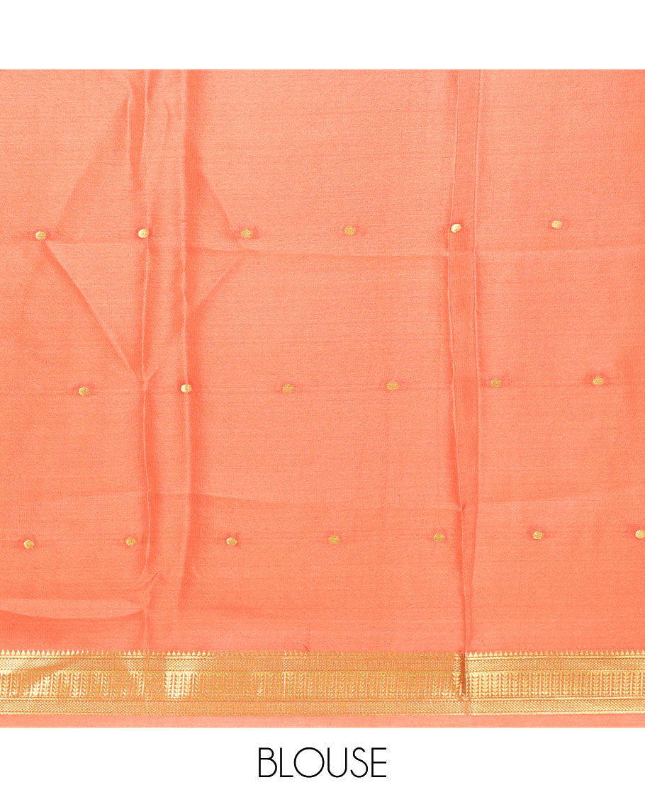 Cream floral printed mysore silk saree with polka dot, self zari border & striped border