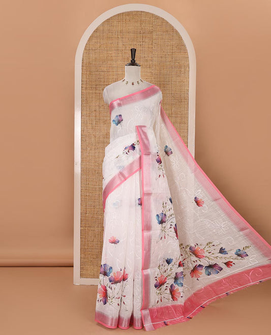White colorful floral printed & floral vine embroidery linen cotton saree, contrast bavanji zari border & contrast print & embroidered blouse