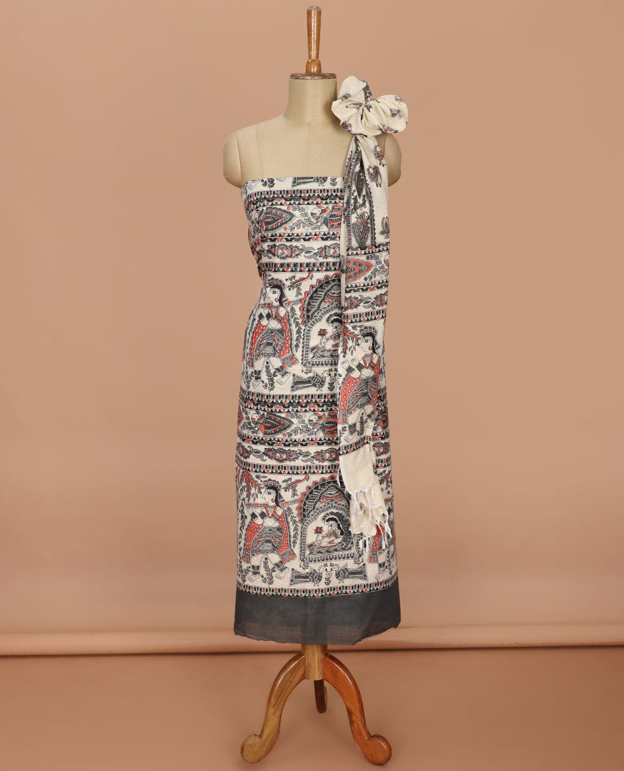 Grey madhubani print design bhagalapur cotton chudidhar material top with cotton material daman madhubani ptint pants & madhubani printed dupatta