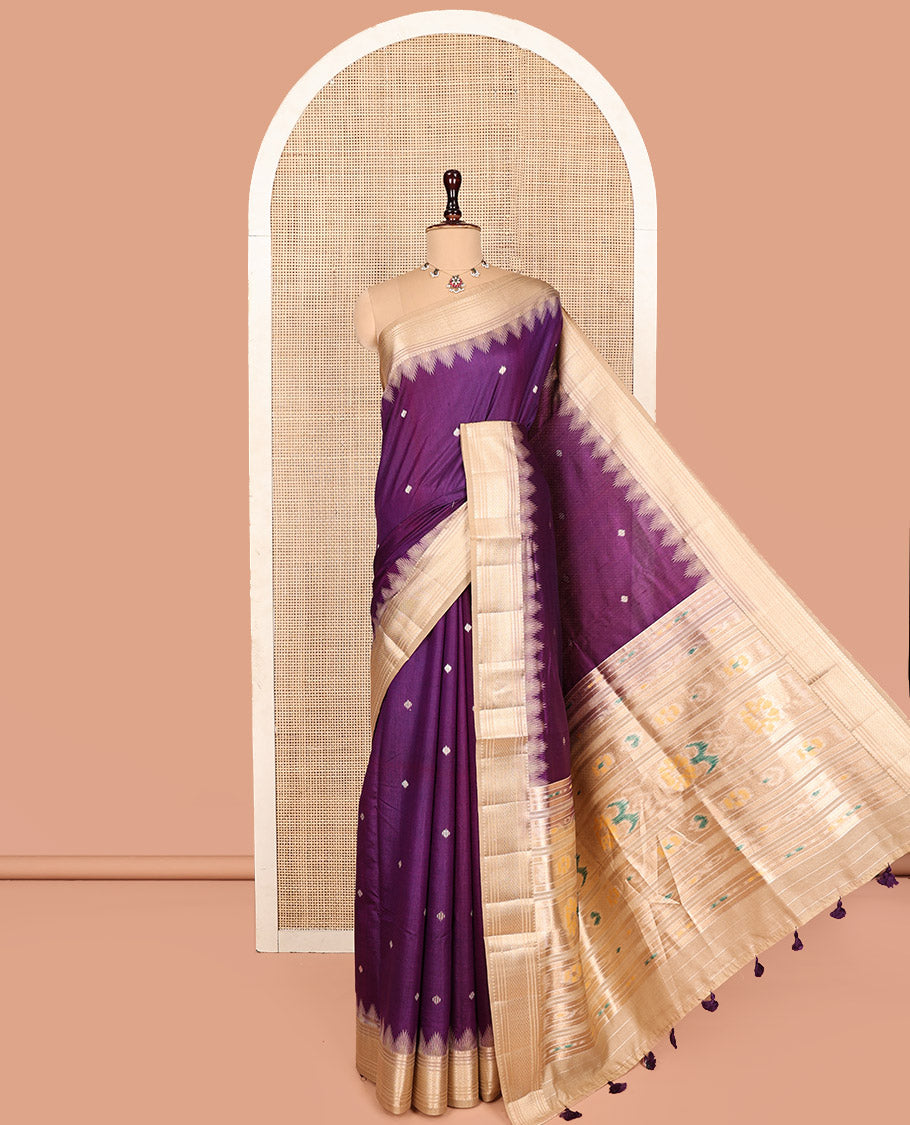 Purple Dupion Silk Saree, Mesmerized with Buttas on Its Body, Complemented by Contrast Traditional Temple Border, Ikat-Style Pallu, and a Contrast Blouse