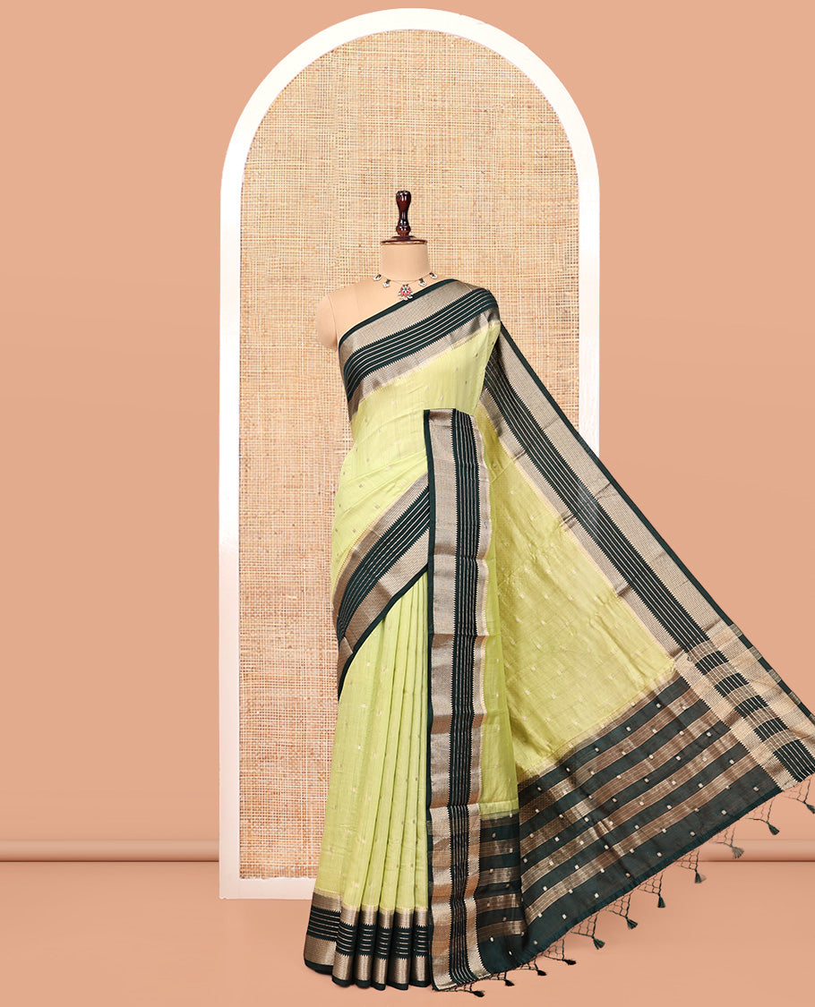 Light Green Assam Silk Saree, Sparsely Sparkled with Zari Buttas, Complemented by a Contrast Traditional Zari Border, Zari Design Pallu, and a Contrast Blouse