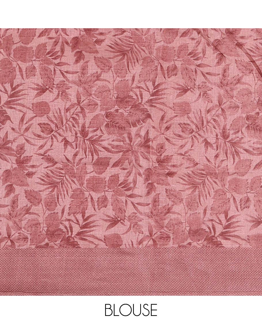 White tropical floral printed khadi cotton saree,contrast brown printed border,floral-geometric printed pallu & tropical floral print blouse