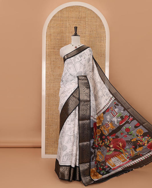 White zari checked flora-fauna printed Dola silksaree, contrast floral creeper zari black border, printed pallu & printed blouse with zariwork