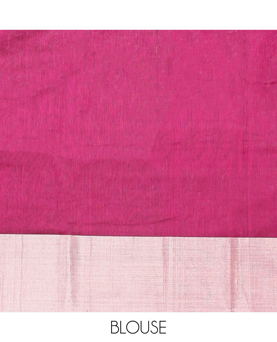 Dark pink leaf motifs printed chanderi cotton saree with contrast plain border & pallu of jaal design