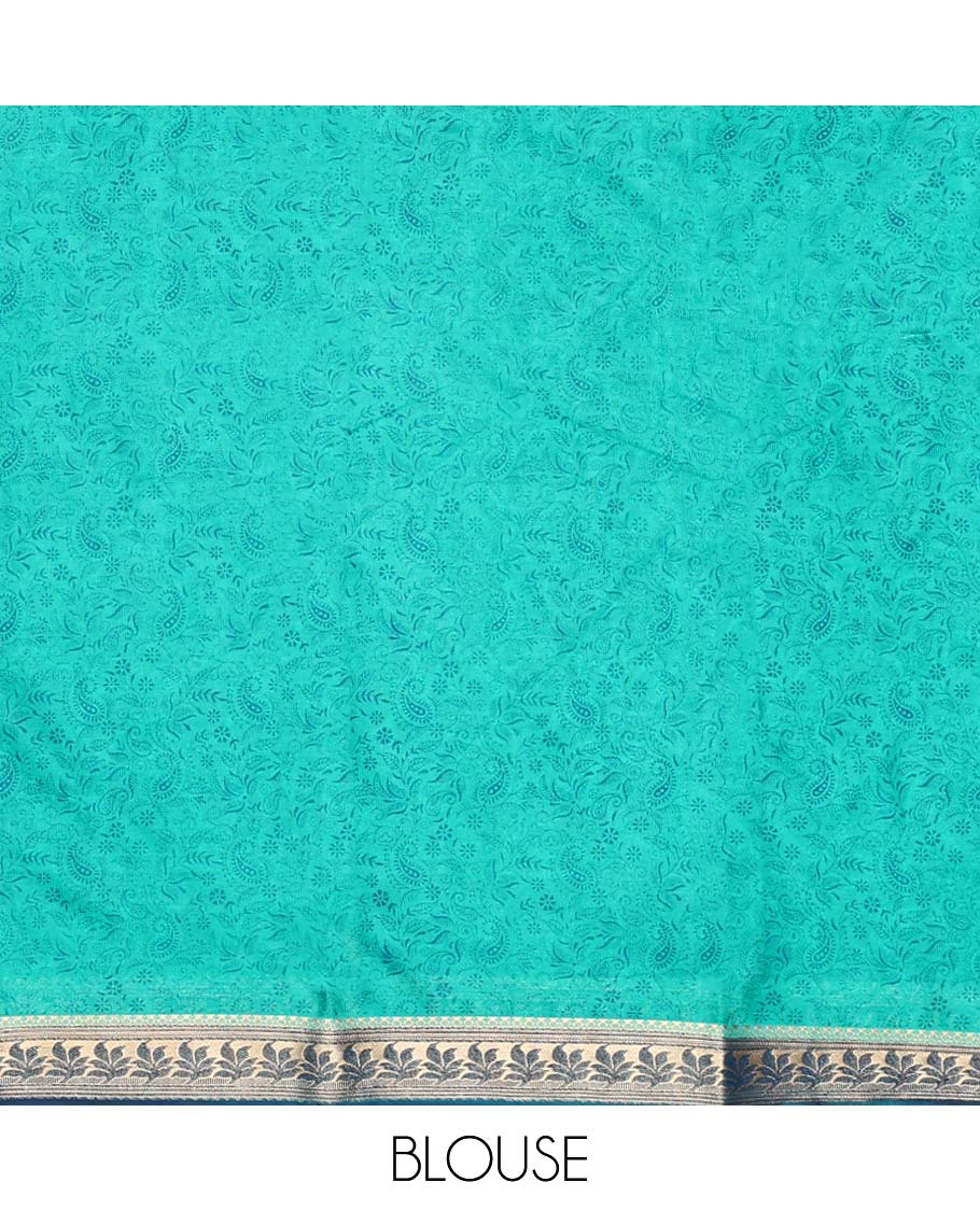 Blue paisley vine semi-banaras printed saree, contrast floral border & pallu of intricate print