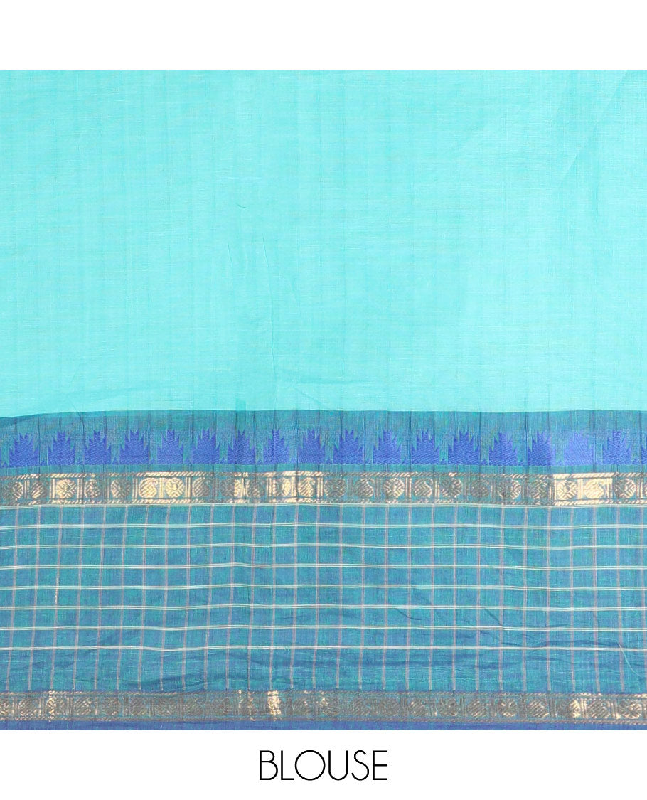 Rama Plain Chettinad Cotton Saree, Complemented by a Contrast Butta Enclosed Checked Zari Border, Subtly Striped Pallu, and Paired with a Matching Blouse