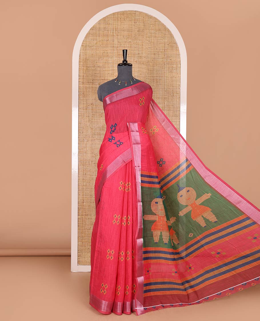 Rani pink diamond buttas printed linen cotton saree, bavanji border, doll printed pallu, and a matching blouse