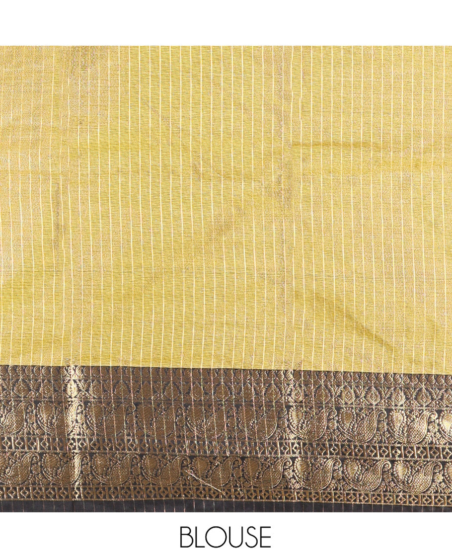 Mustard-Black Banarasi Tissue Saree, Adorned with Half-and-Half-style Plain and Buttas, Contrast Peacock Border, and a Matching Blouse