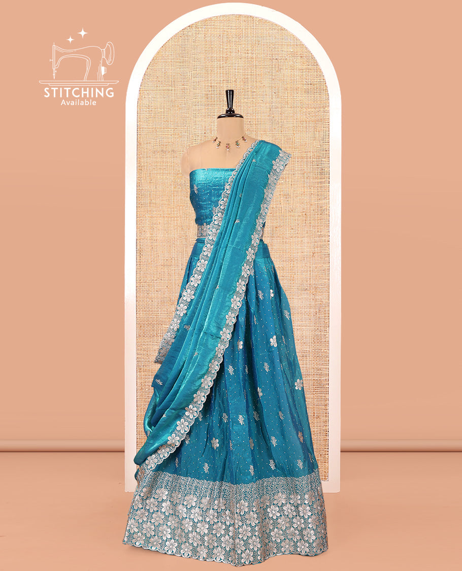 Firozi Blue Fendi Organza Half-Saree Set, Features Floral Embroidered Skirt, Matching Blouse, Embroidered Dupatta