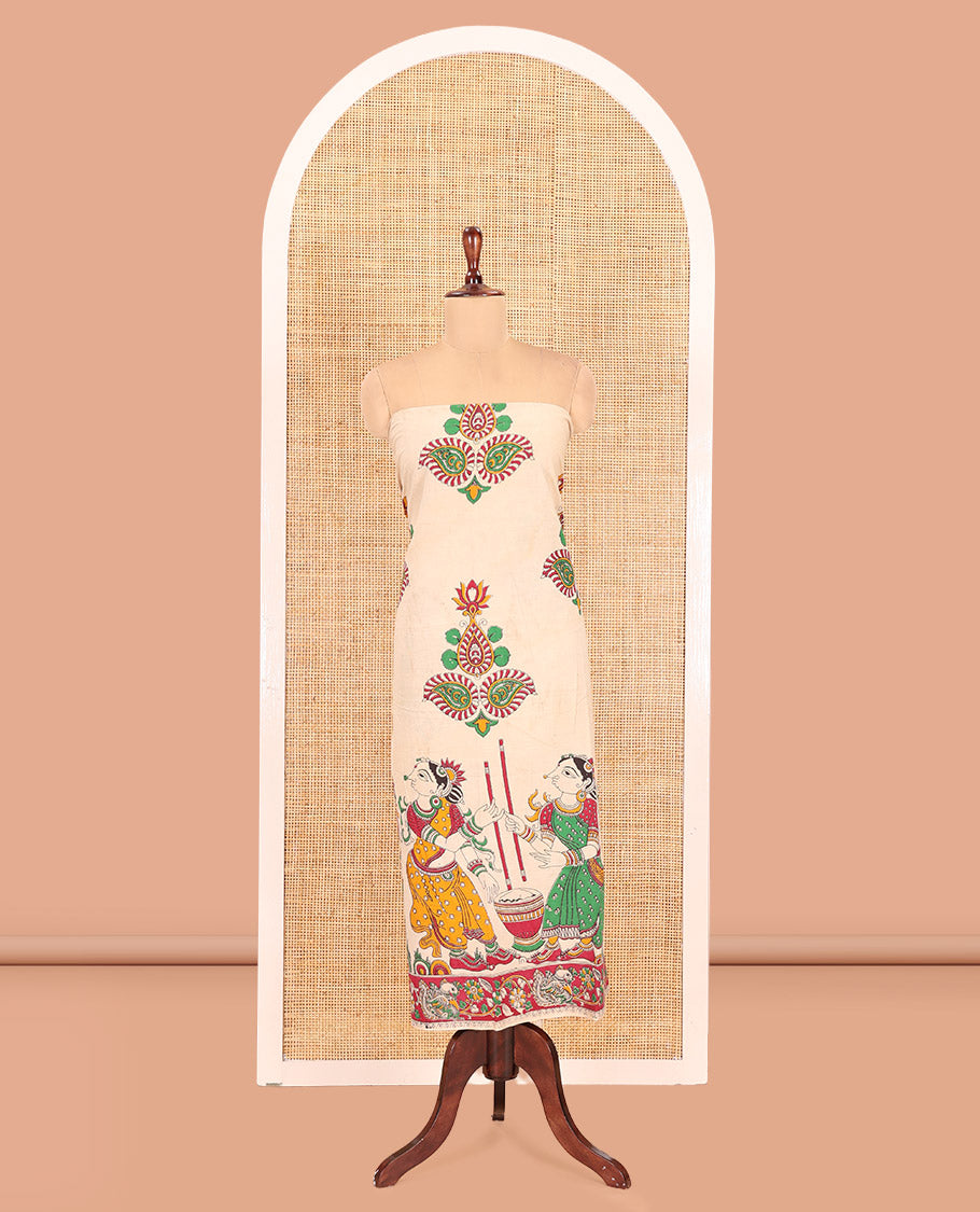 Chikku-Magenta Cotton Material Chudidar, Kalamkari Print Skirt, Contrast Bottom, Kalamkari Print Dhavani