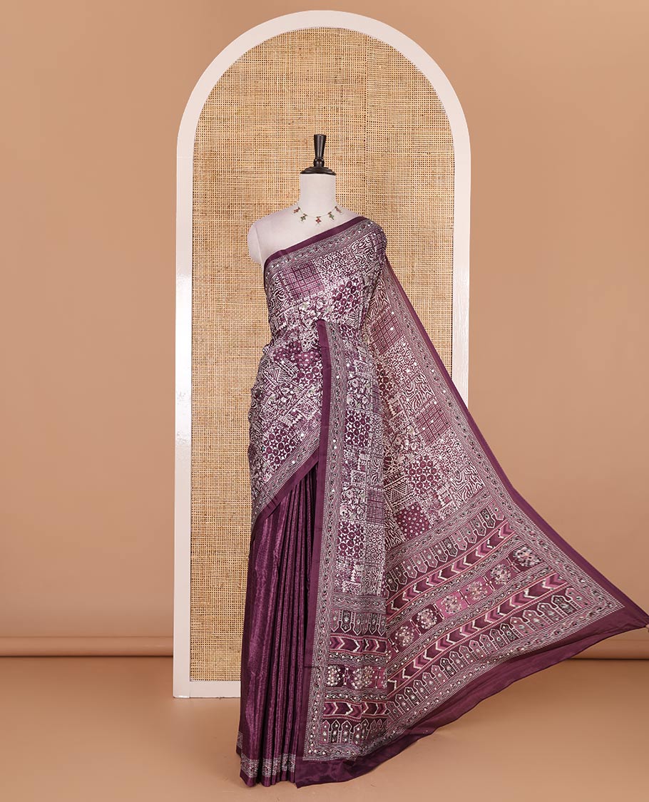 Purple floral-geometric printed and mirror work masakali saree, printed border, printed and mirror work pallu, and a matching printed blouse