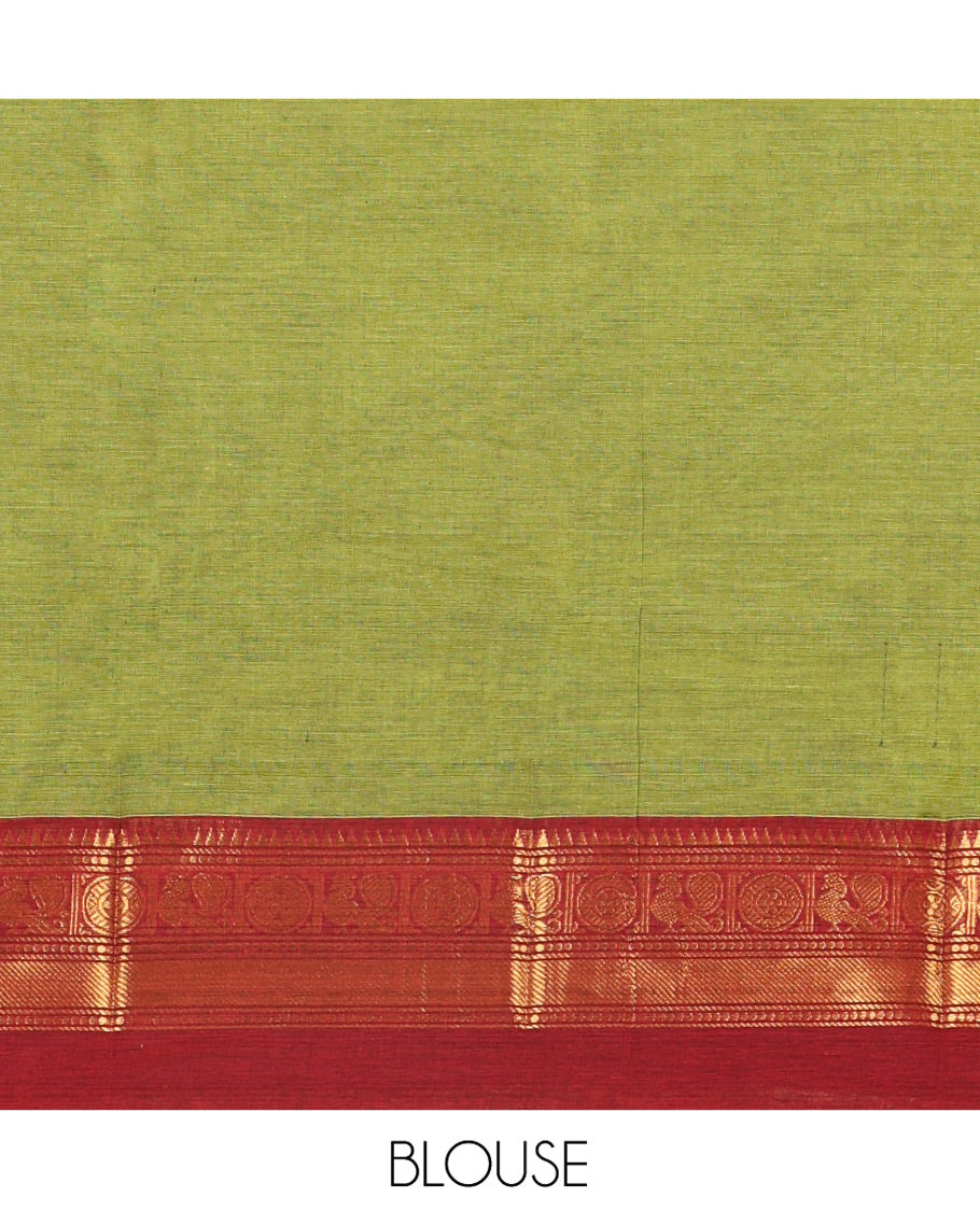 Green Plain Chettinad Cotton Saree, Complemented By Contrast Kal Eragina Traditional Zari Designs Woven Border, Subtly Striped Pallu, and Paired with a Matching Blouse