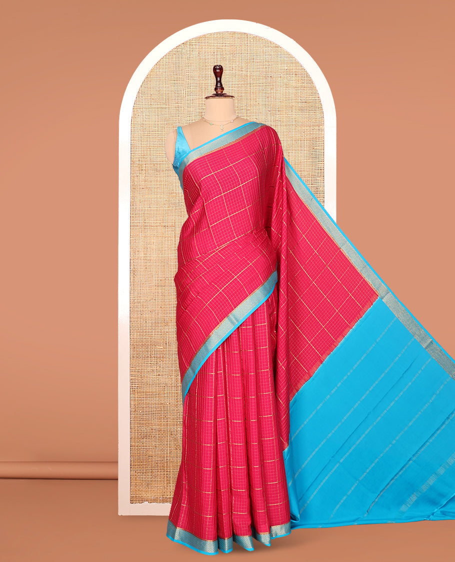 Red Mysore Silk Saree, Gleamed with Zari Checked Design On Its Body, Complemented by Captivating Contrast Traditional Zari Designs Woven Border, Subtly Zari Striped Pallu, and Paired with a Contrast Blouse