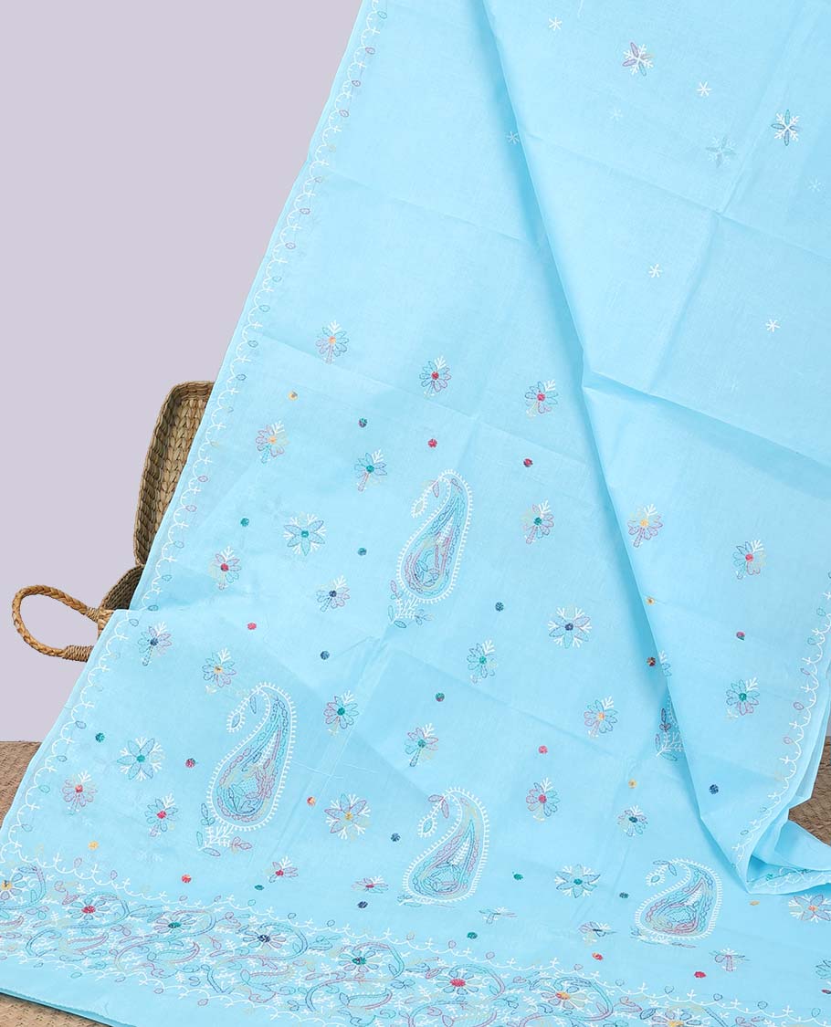 Blue floral embroidery lucknowi chikankari cotton saree,self-border & pallu of floral & paisley embroidery