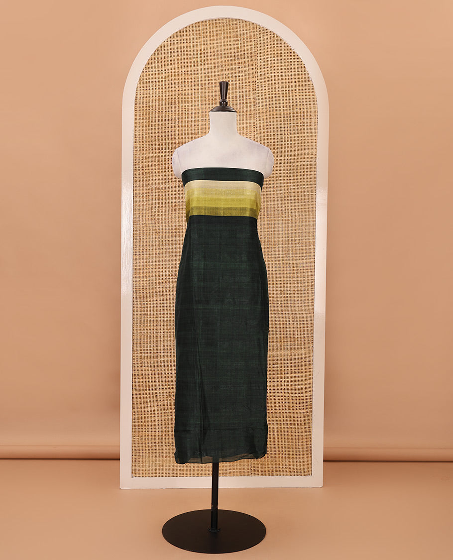 Green material chudidar set, horizontal ombre striped semi-tussar top, plain santoon bottom & horizontal ombre striped dupatta with tassels