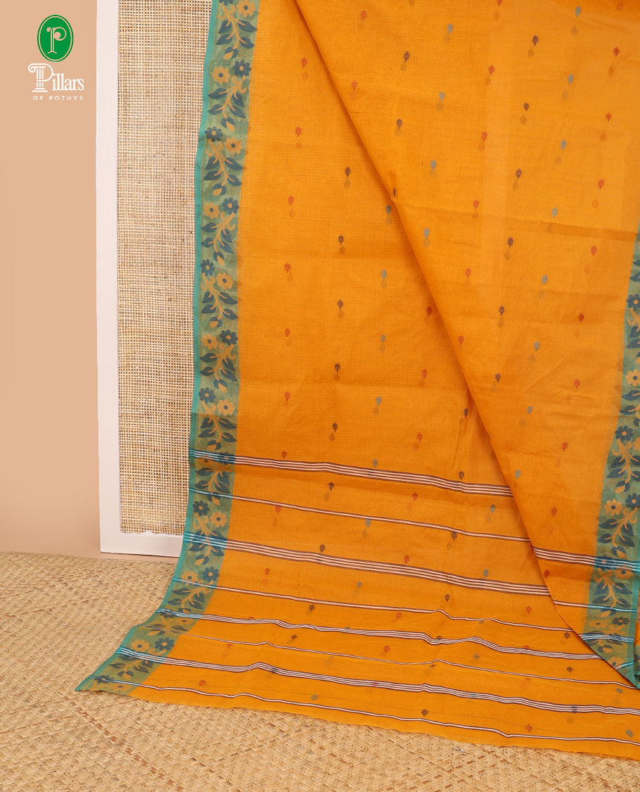 Mustard thread buttas bengal cotton saree with resham border & chit pallu along with linen digital shafread blouse