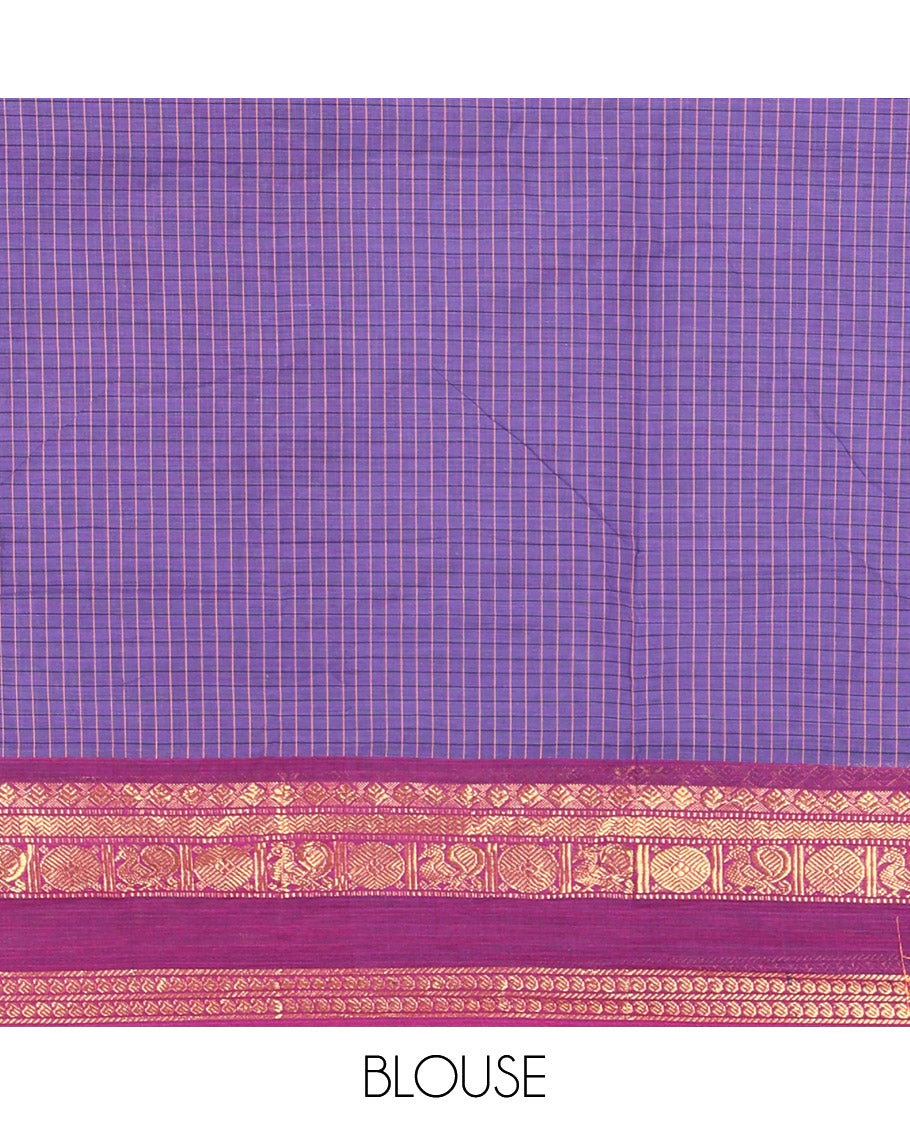 Violet Checked Chettinad Cotton Saree, Contrast Ganga-Jamuna Rettai Pettu Traditional Border, and Matching Blouse