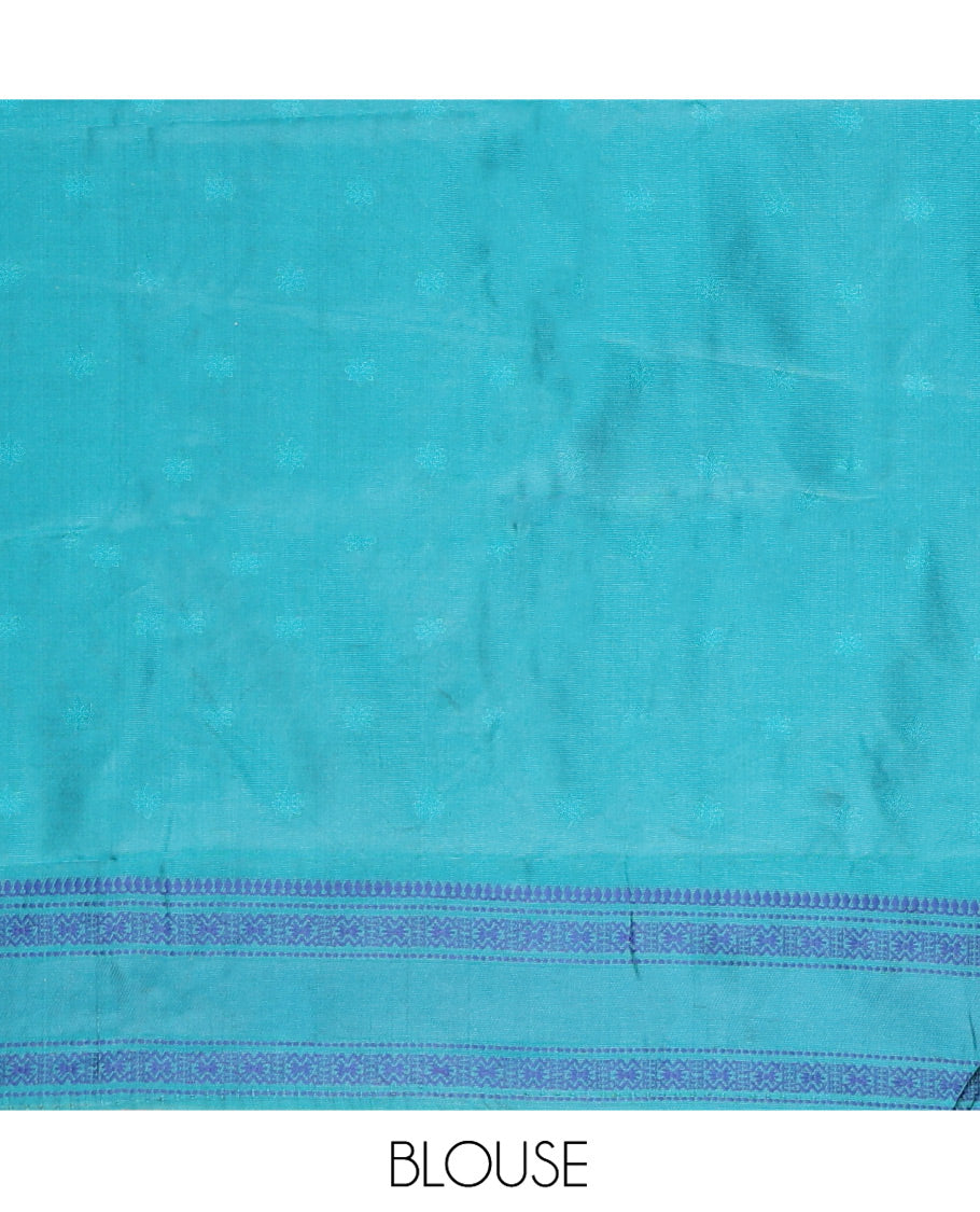 Rama Kanchi Silk Saree, Adorned with Floral Thread Buttas All Over Its Body, Complemented by a Contrast Border of Temple Traditional Motifs, Jaal Pallu, and Paired with a Matching Blouse
