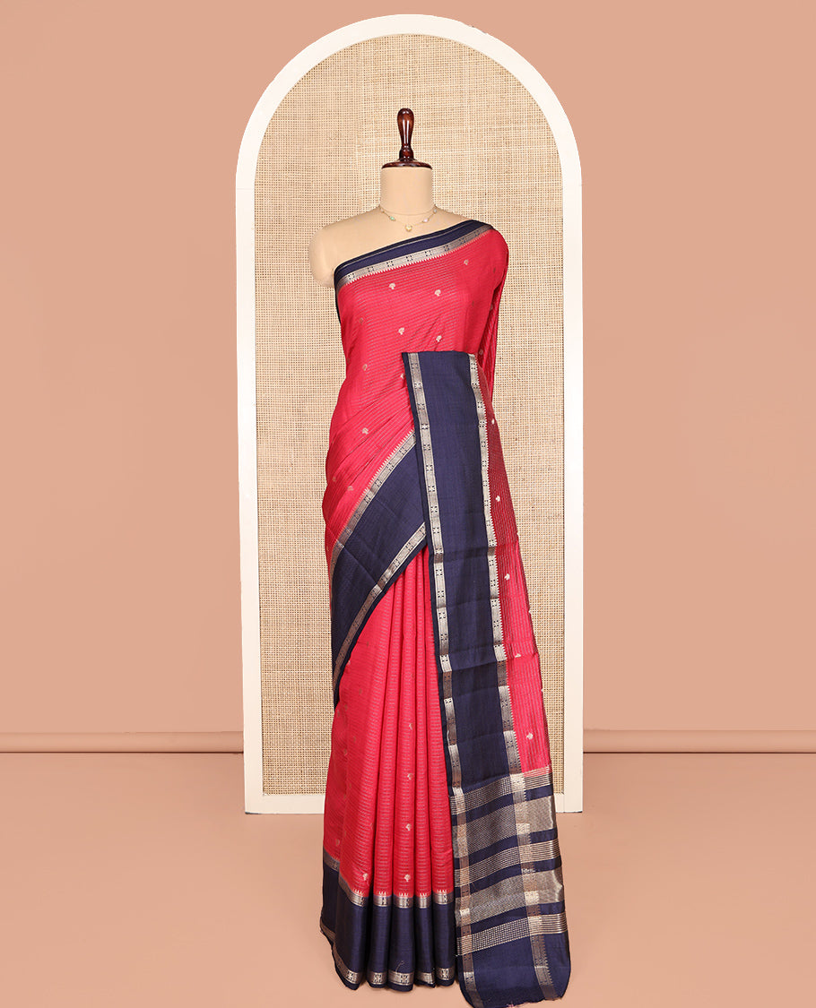 Red Dupion Silk Saree, Finely Crafted with Zari Stripes and Buttas, Complemented by a Contrast Traditional Zari Design Border, Striped Pallu, and a Contrast Blouse
