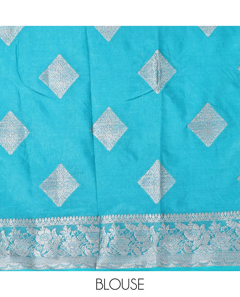 Green geometric motifs semi-banaras tussar saree with contrast intricate zari border & striped, geometric motifs pallu