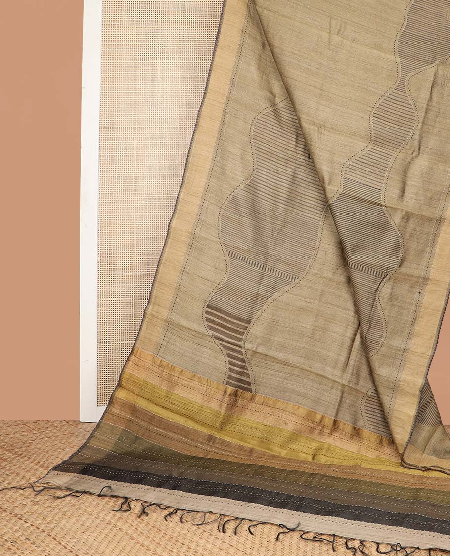 Light brown abstract design tussar silk saree with contrast plain border & striped pallu
