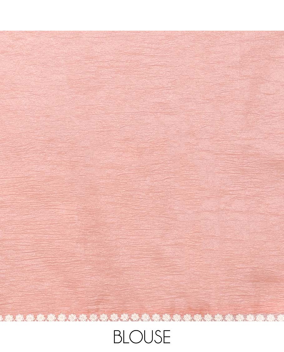 Pink Crushed Tissue saree with scallop motif border and intricate motif embroidery pallu