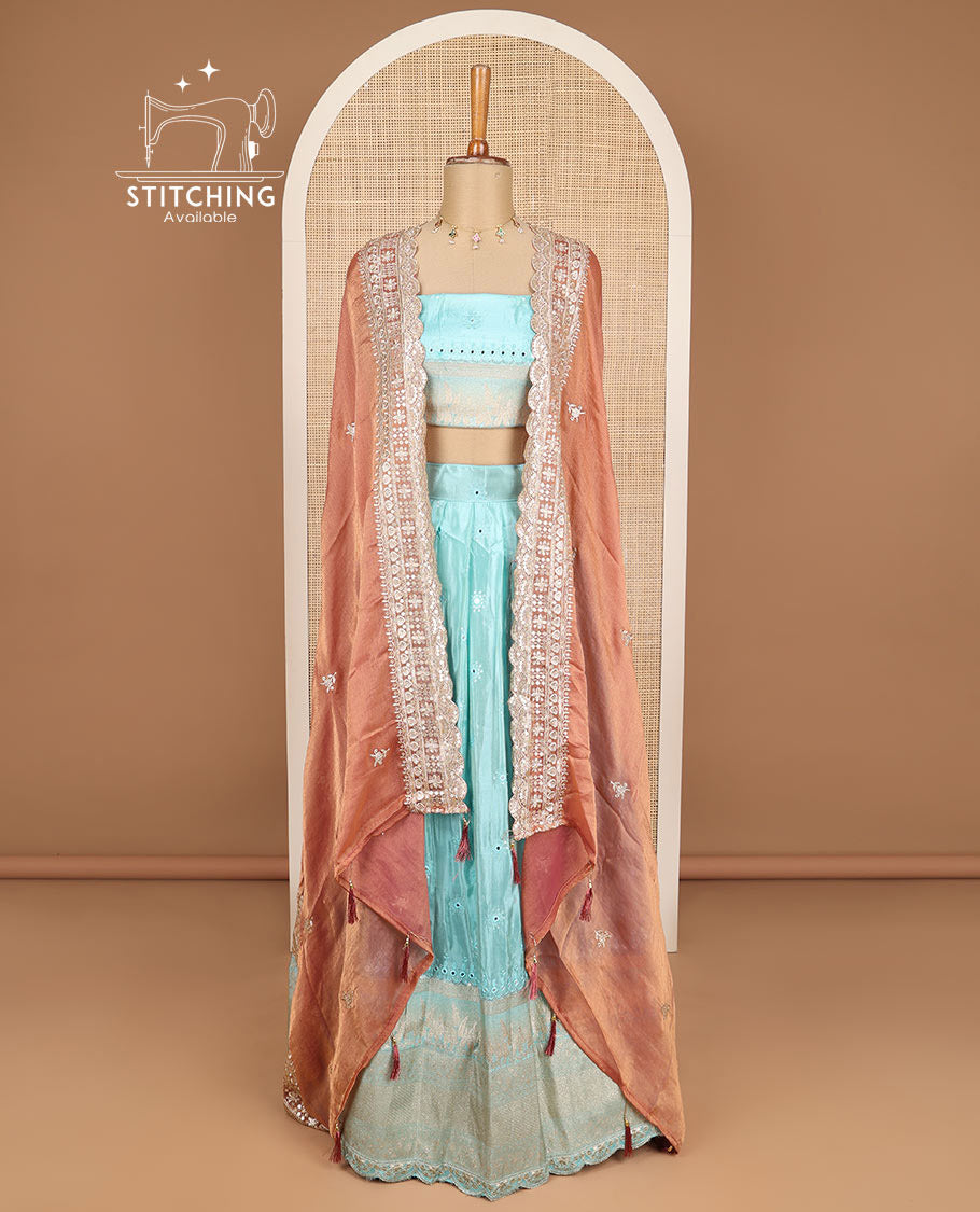 Blue floral embroidery half saree with zari design blouse & floral embroidery dhavani