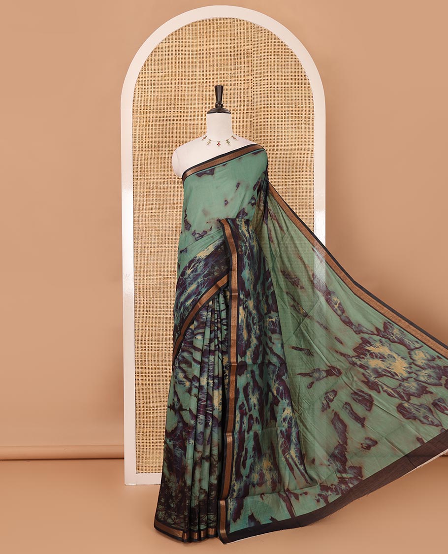 Sea blue shibori-style printed muslin saree, contrast zari piping border, self printed pallu & shibori-style printed blouse