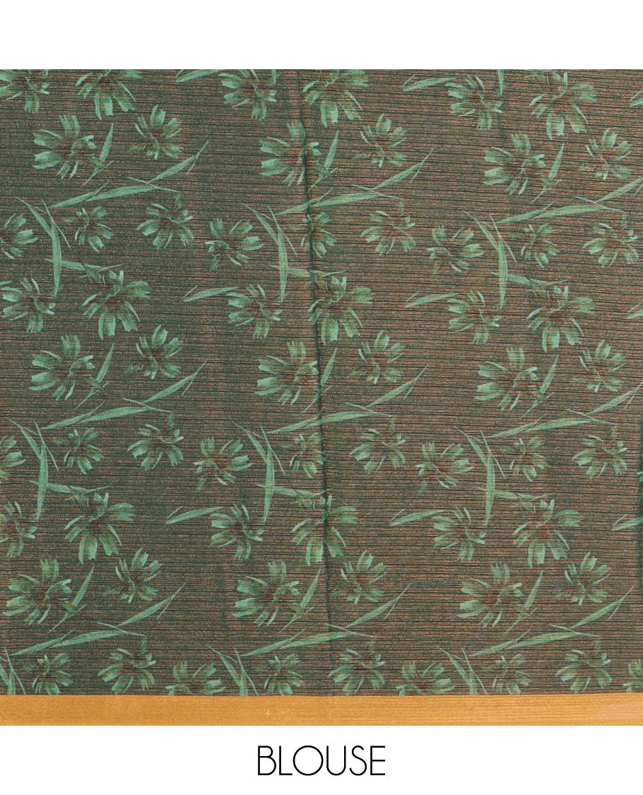 Borderless Green floral digital print brasso saree with self pallu along with printed blouse