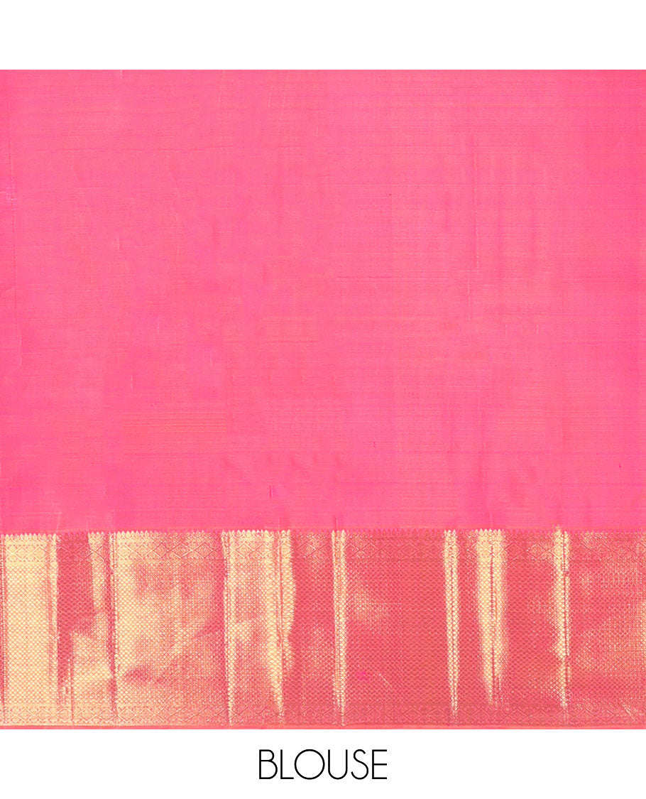 Pink floral design silk saree with self border of thilakam mokku, mayil kann design & zari design pallu