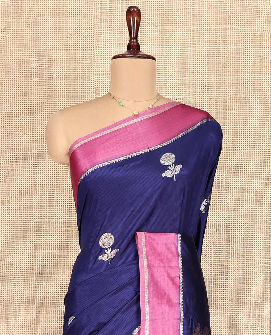 Blue Semi-Banaras Dupion Saree, Richly Detailed with Floral Buttas, Complemented by Contrast Temple Border, Grand Jaal Pallu, and a Contrast Blouse
