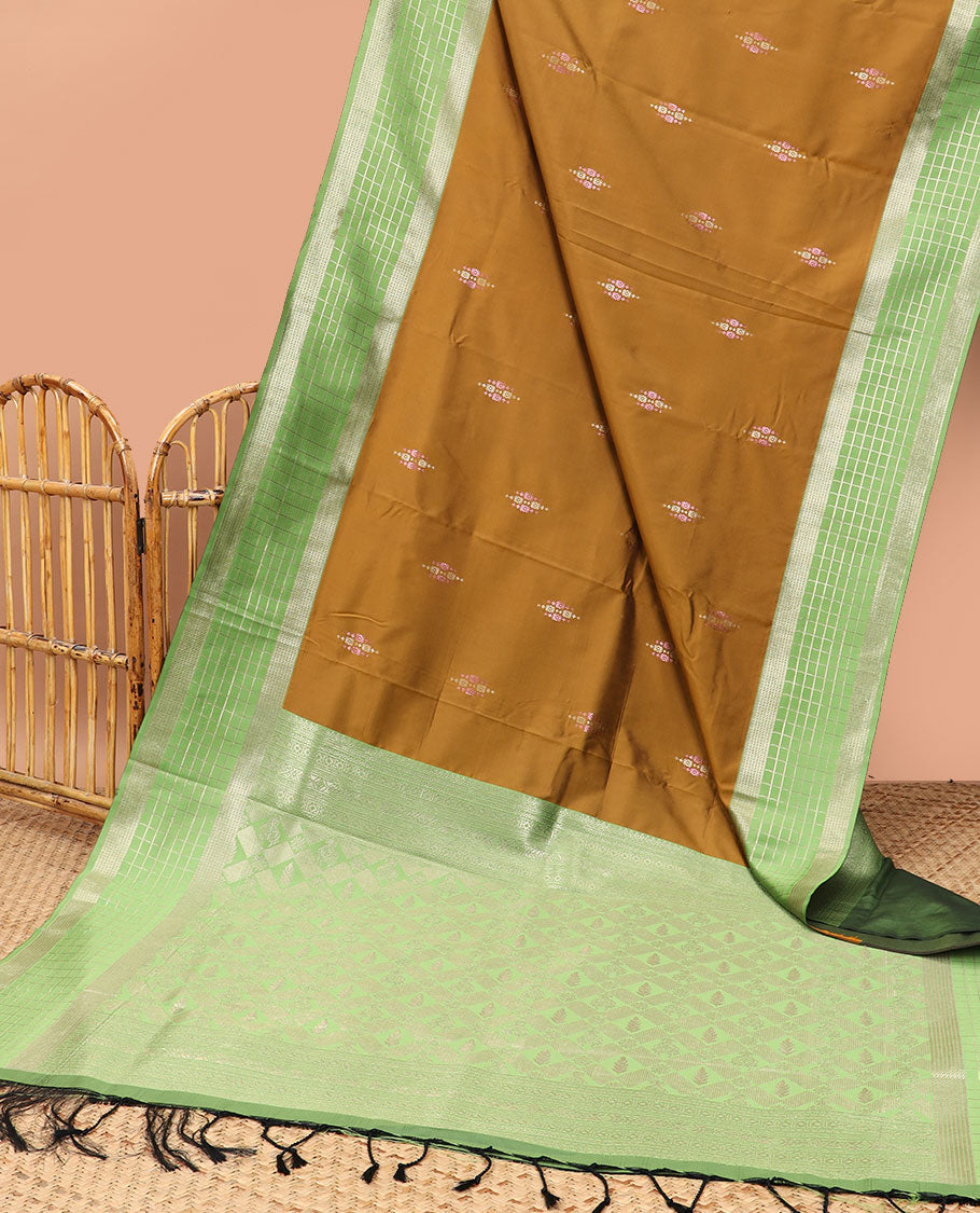 Brown motifs fancy softy saree with contrast checked design border & floral checked zari design pallu