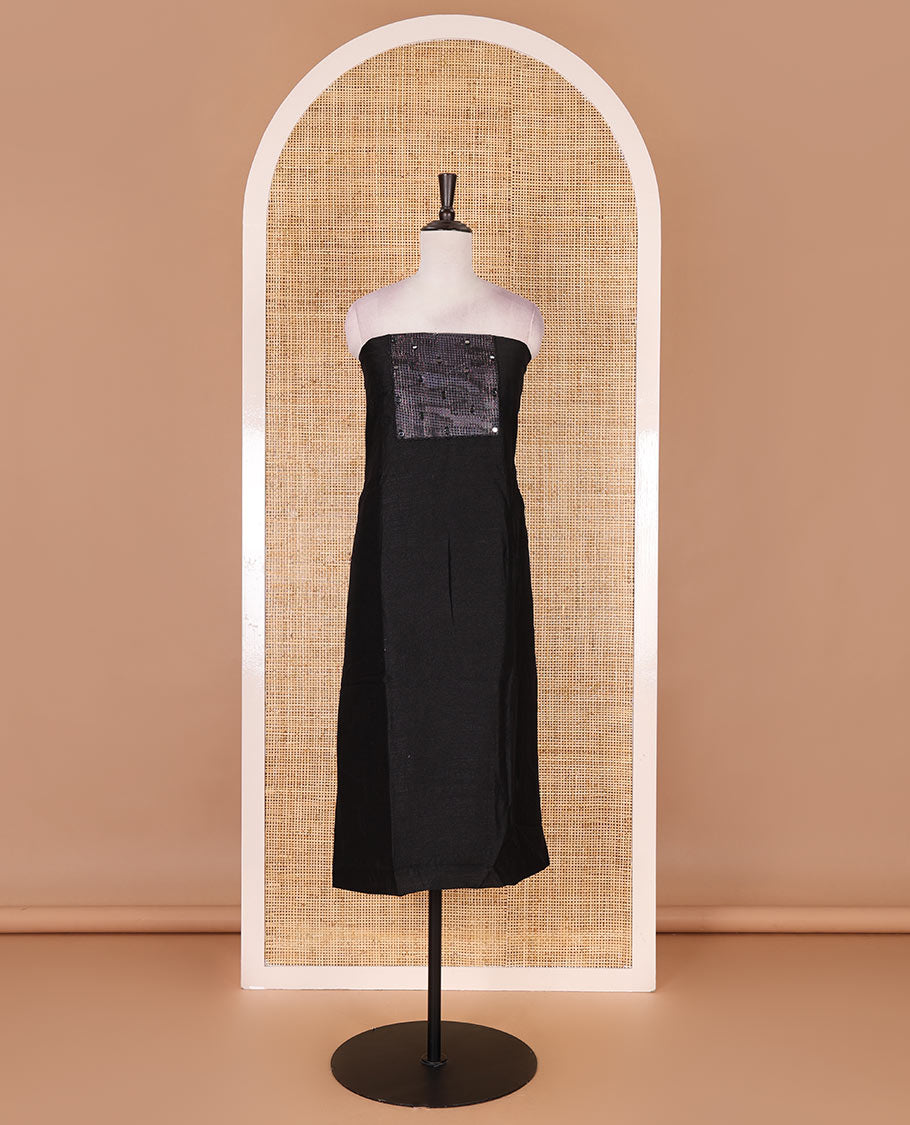 Black material chudidar set, abstract printed with mirrorwork vichitra silk top, santoon bottom, and abstract printed shimmer georgette dupatta