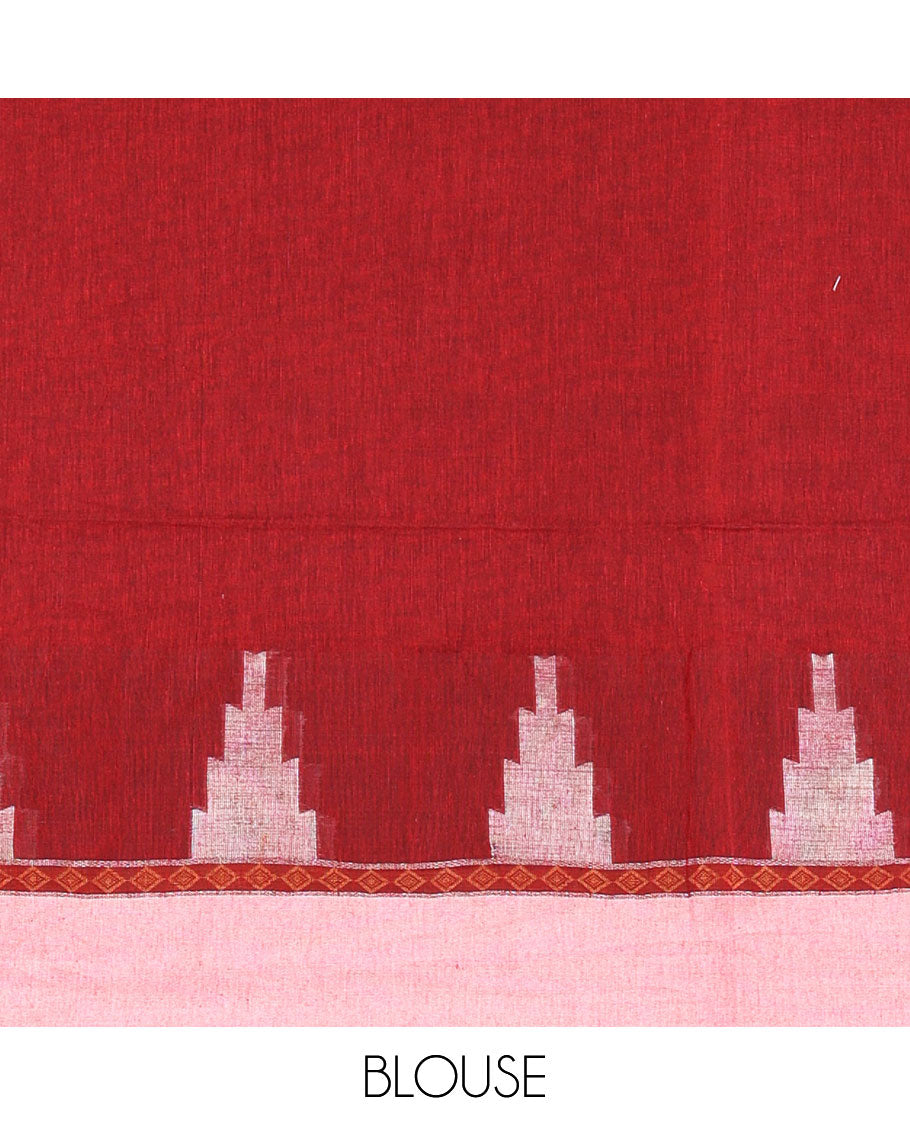 Maroon Plain Khadi Mul Cotton Saree, Complemented by a Contrast Temple Border, Textured Pallu of Temple Designs, and Paired with a Matching Blouse