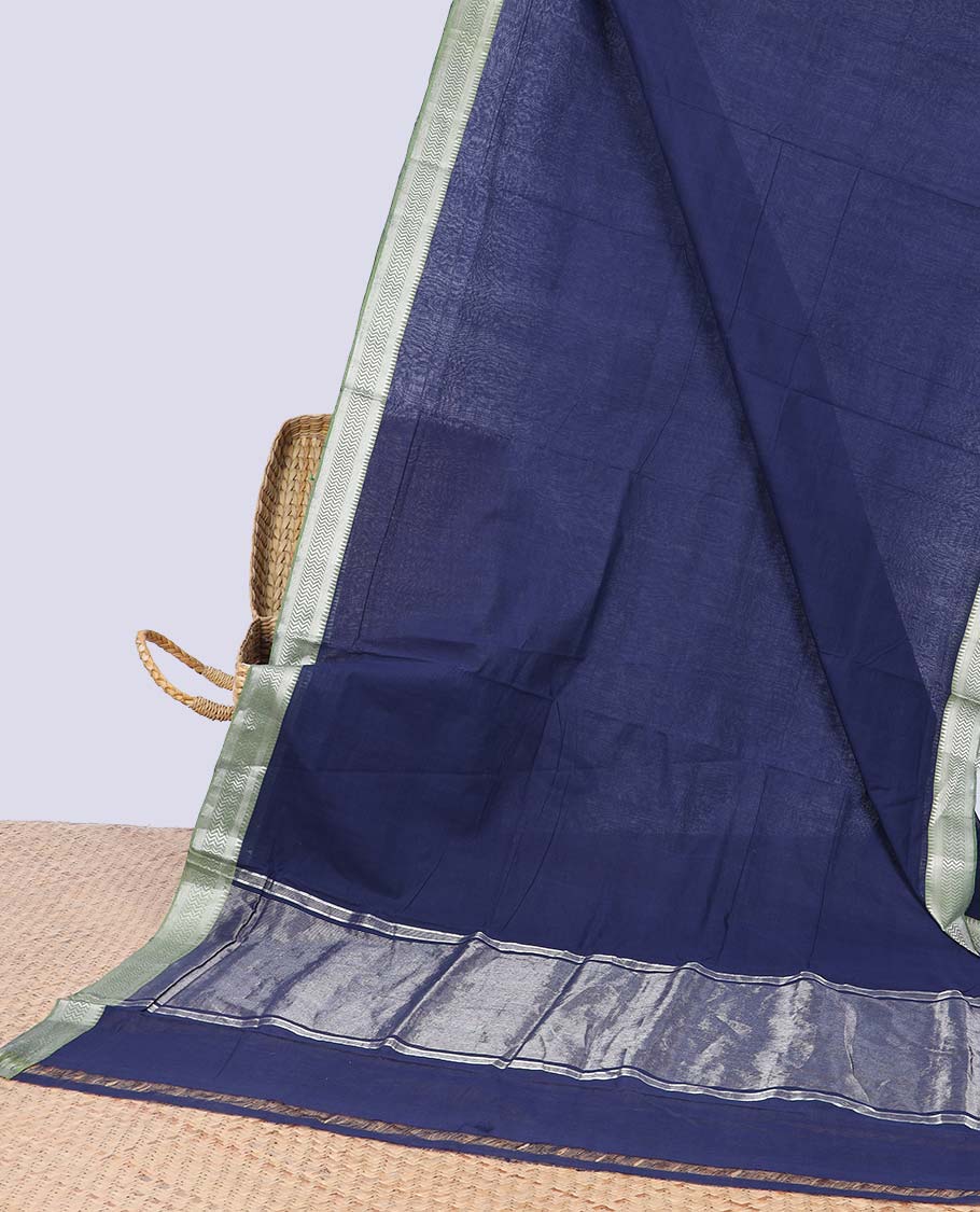 Blue mangalgiri cotton saree with contrast zari design border & striped pallu