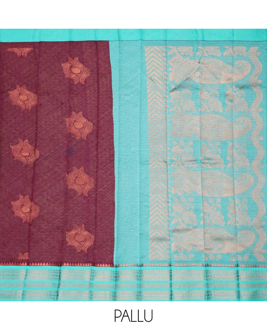 Maroon motifs kora cotton saree with contrast zari design border & intricate zari design pallu