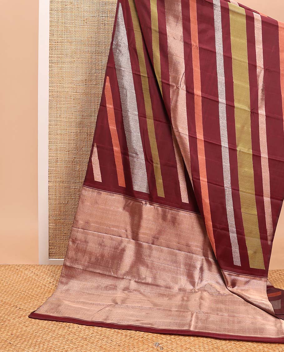 Borderless maroon striped kanchipuram designer silk saree with zari design pallu