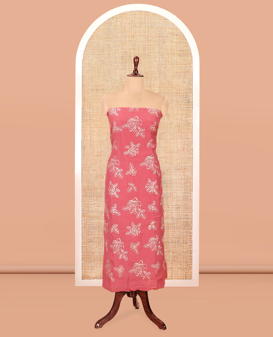 Onion Pink Mul Crush Chanderi Material Chudiddar, Floral Embroidered Top, Plain Bottom, Embroidered Dupatta