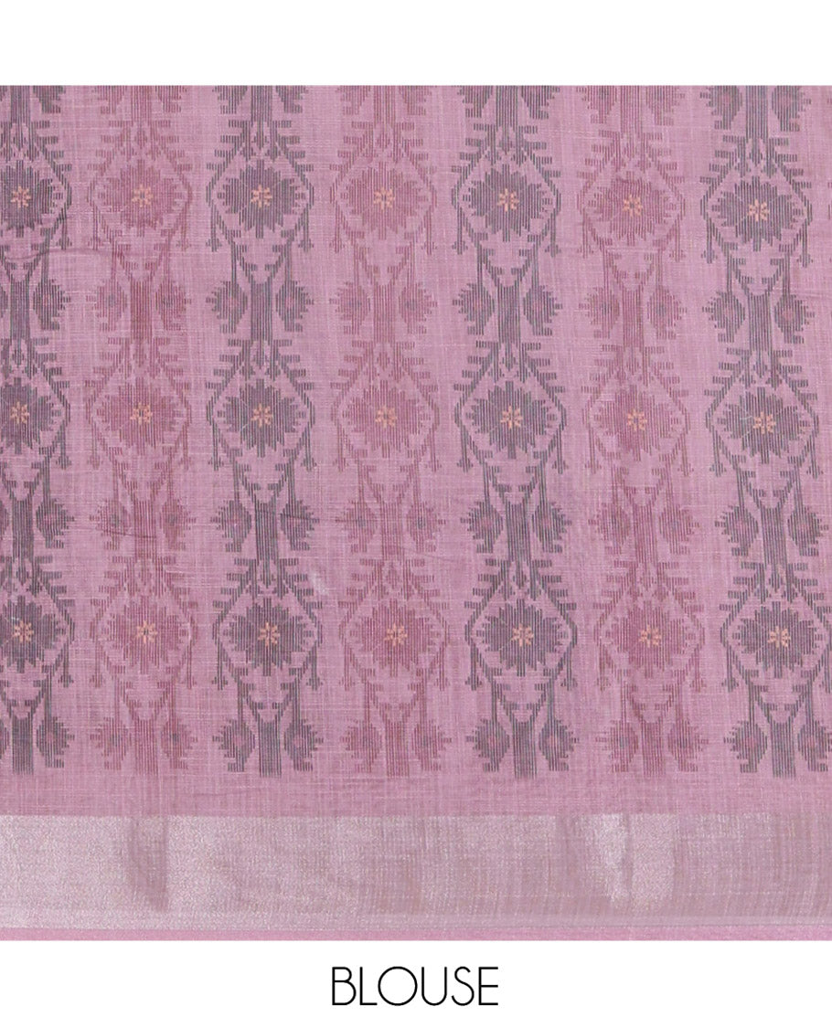 Light Purple Plain Linen Cotton Saree, Subtly Sparkled Zari Border of Jamdani-Style Leaf-Floral Designs, Pallu Depicting Jamdani-Style Designs, and Paired with a Matching Blouse