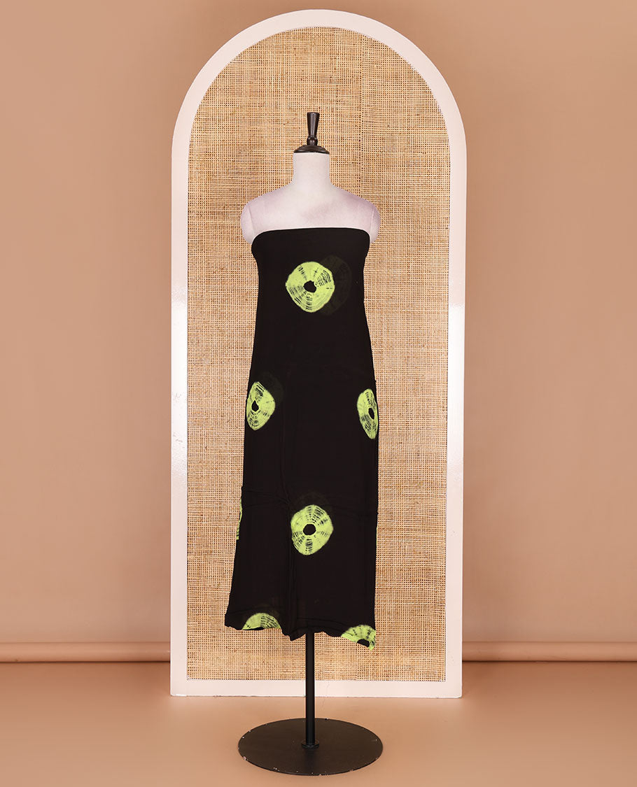 Black and green viscose georgette material churidar set, big bandhani dots printed top, plain bottom, and big bandhani dots printed dupatta